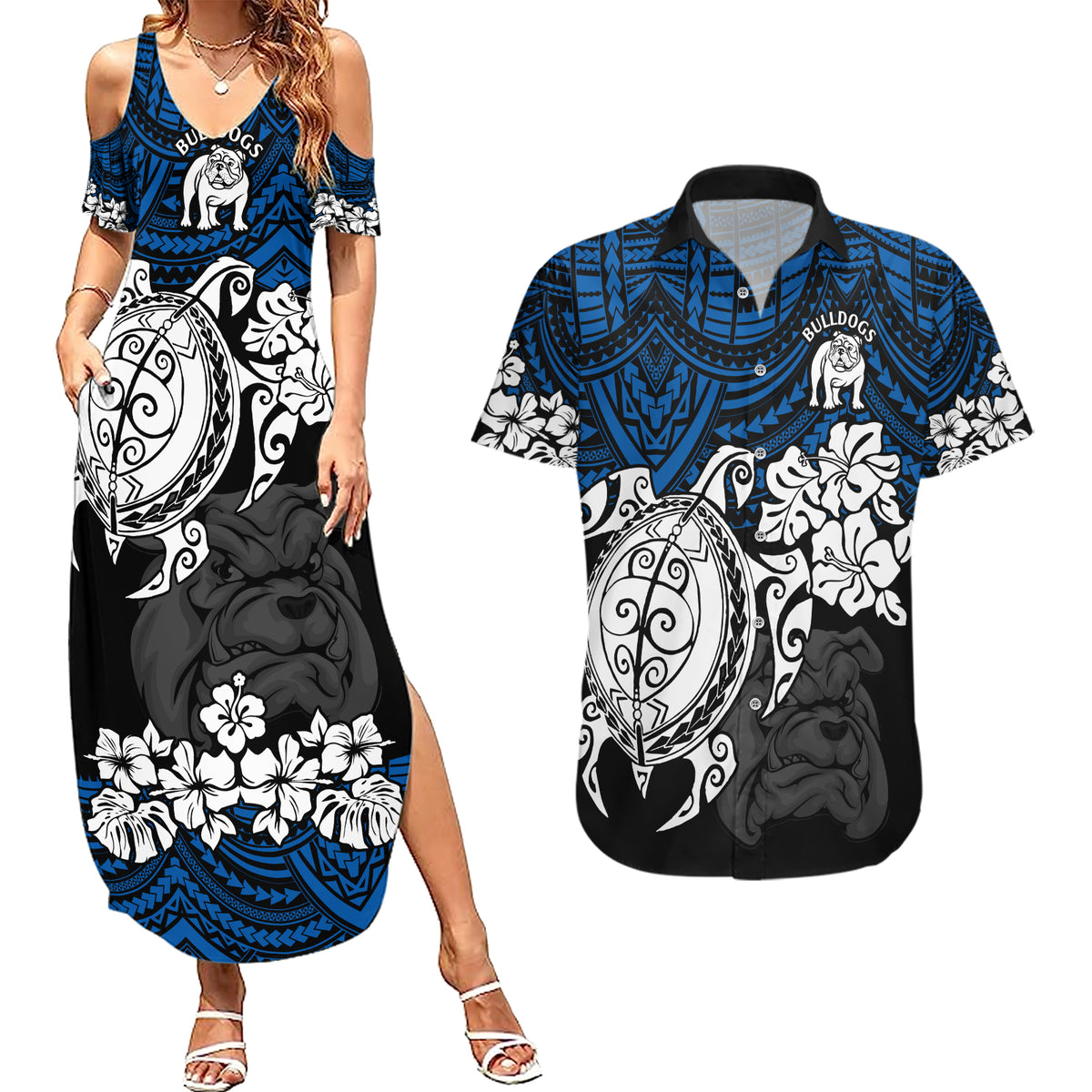 custom-bulldogs-rugby-couples-matching-summer-maxi-dress-and-hawaiian-shirt-berries-hibiscus-and-turtle-with-polynesian-pattern