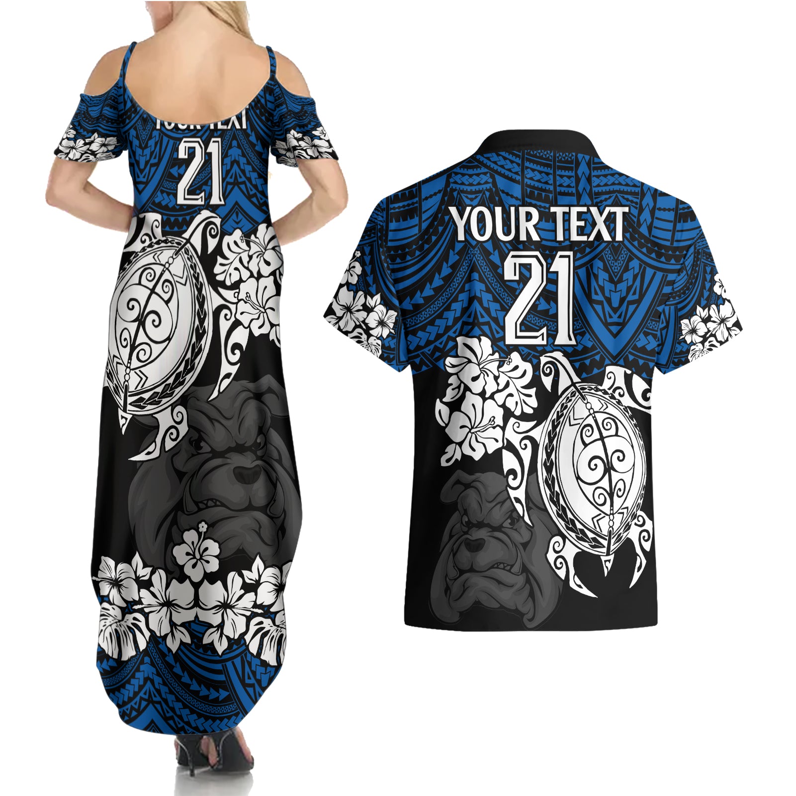 custom-bulldogs-rugby-couples-matching-summer-maxi-dress-and-hawaiian-shirt-berries-hibiscus-and-turtle-with-polynesian-pattern