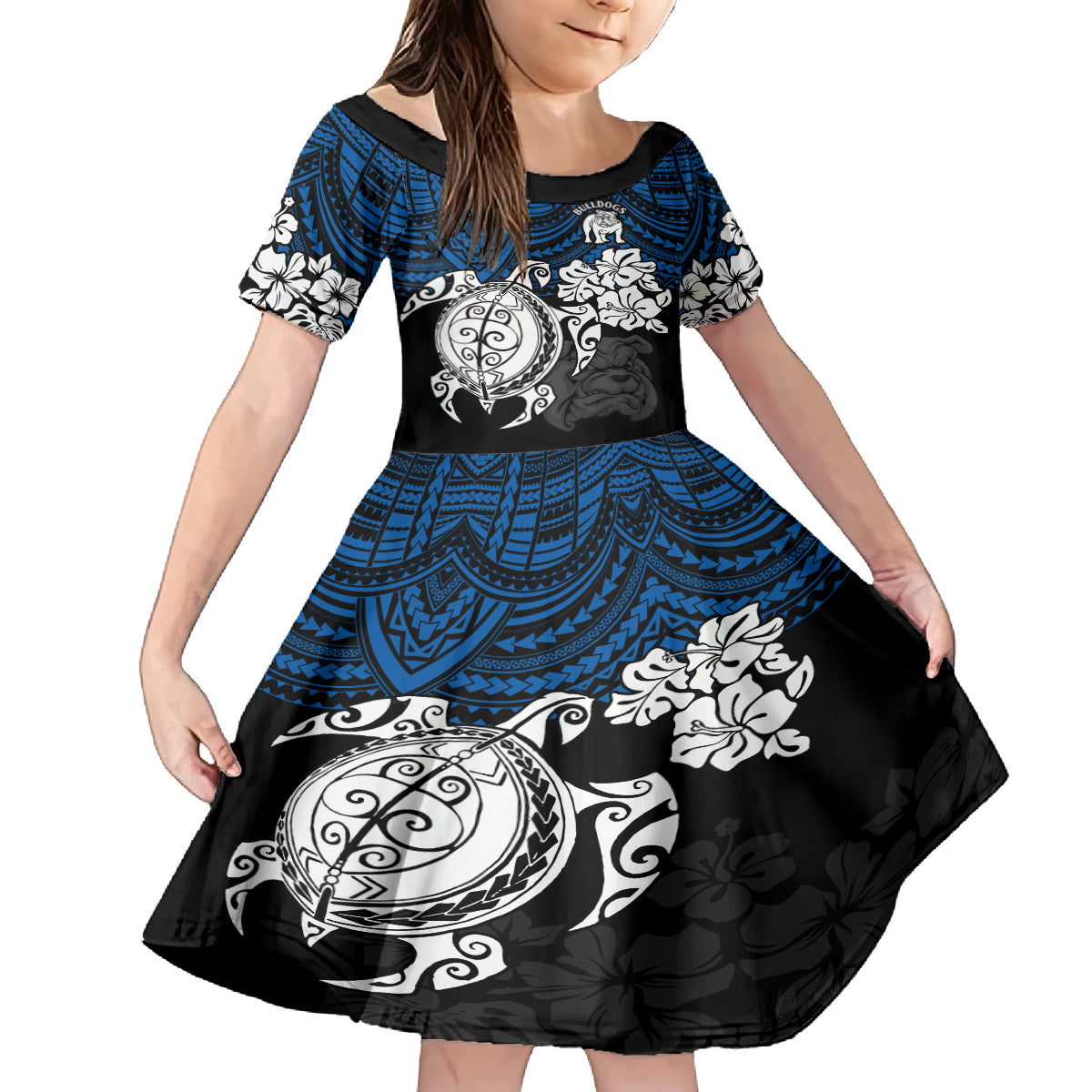 custom-bulldogs-rugby-kid-short-sleeve-dress-berries-hibiscus-and-turtle-with-polynesian-pattern