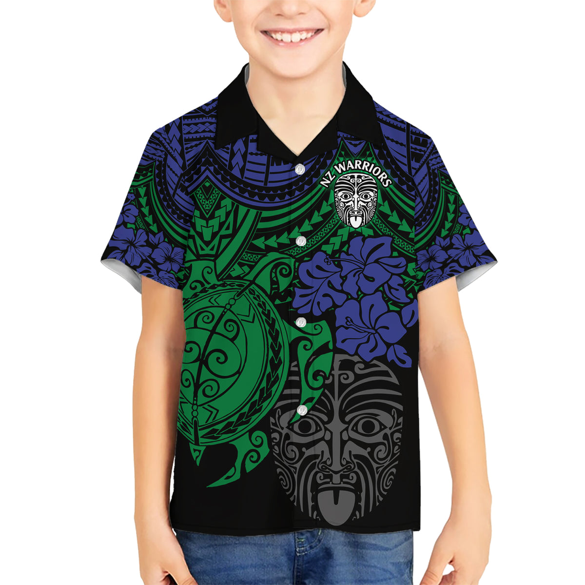 custom-new-zealand-warriors-rugby-kid-hawaiian-shirt-hibiscus-and-turtle-with-polynesian-pattern