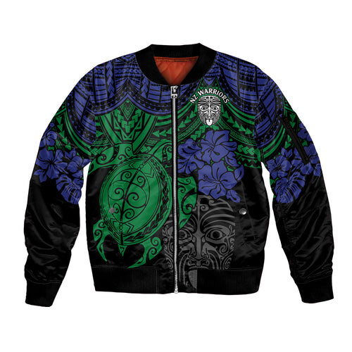 custom-new-zealand-warriors-rugby-sleeve-zip-bomber-jacket-hibiscus-and-turtle-with-polynesian-pattern