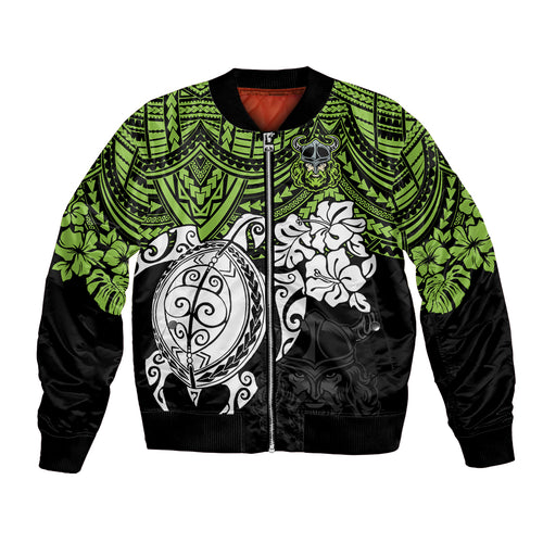custom-raiders-rugby-bomber-jacket-canberra-hibiscus-and-turtle-with-polynesian-pattern