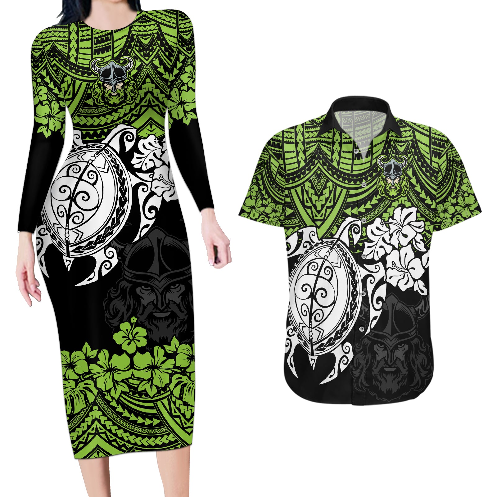 custom-raiders-rugby-couples-matching-long-sleeve-bodycon-dress-and-hawaiian-shirt-canberra-hibiscus-and-turtle-with-polynesian-pattern