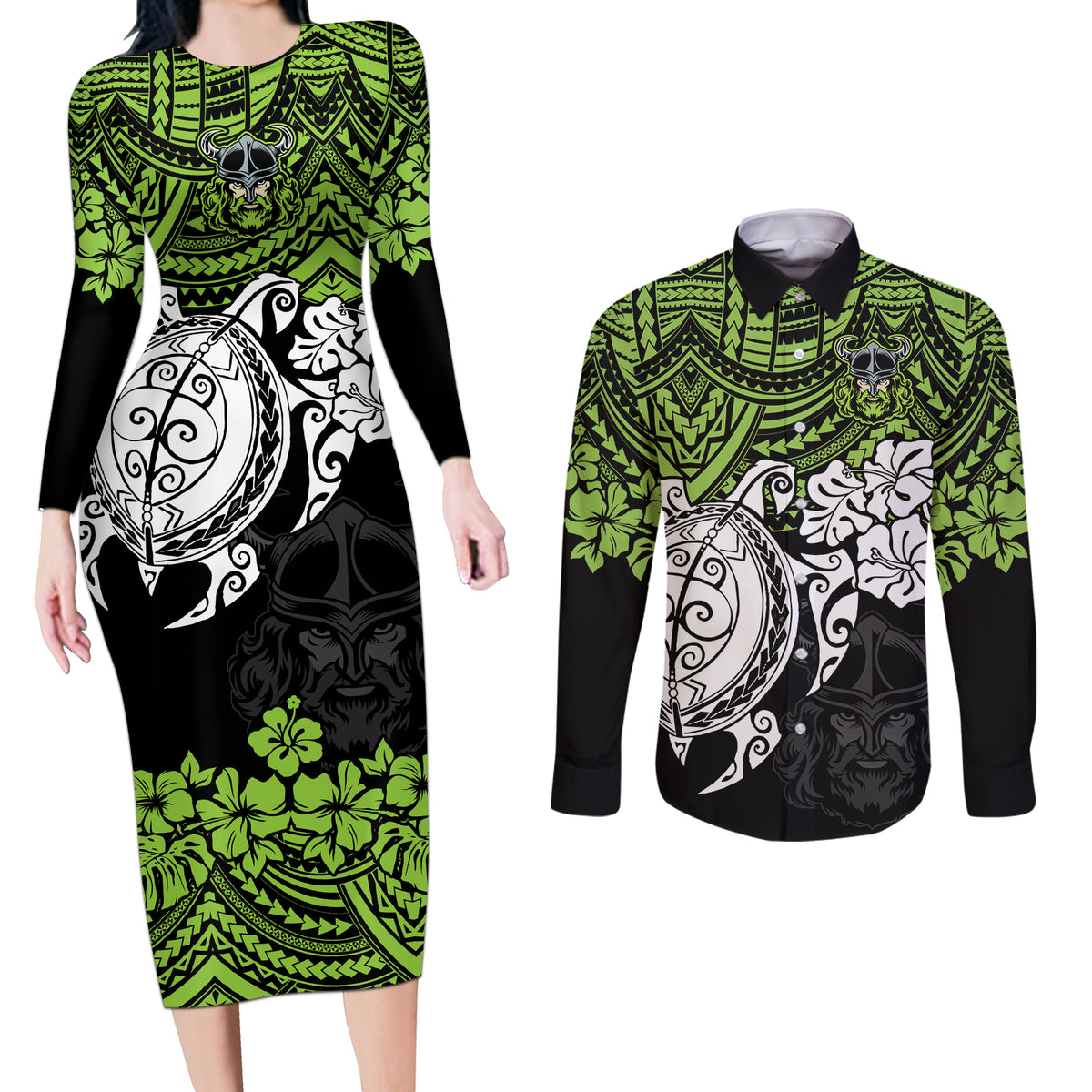 custom-raiders-rugby-couples-matching-long-sleeve-bodycon-dress-and-long-sleeve-button-shirt-canberra-hibiscus-and-turtle-with-polynesian-pattern