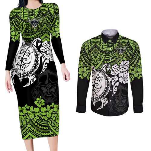 custom-raiders-rugby-couples-matching-long-sleeve-bodycon-dress-and-long-sleeve-button-shirt-canberra-hibiscus-and-turtle-with-polynesian-pattern
