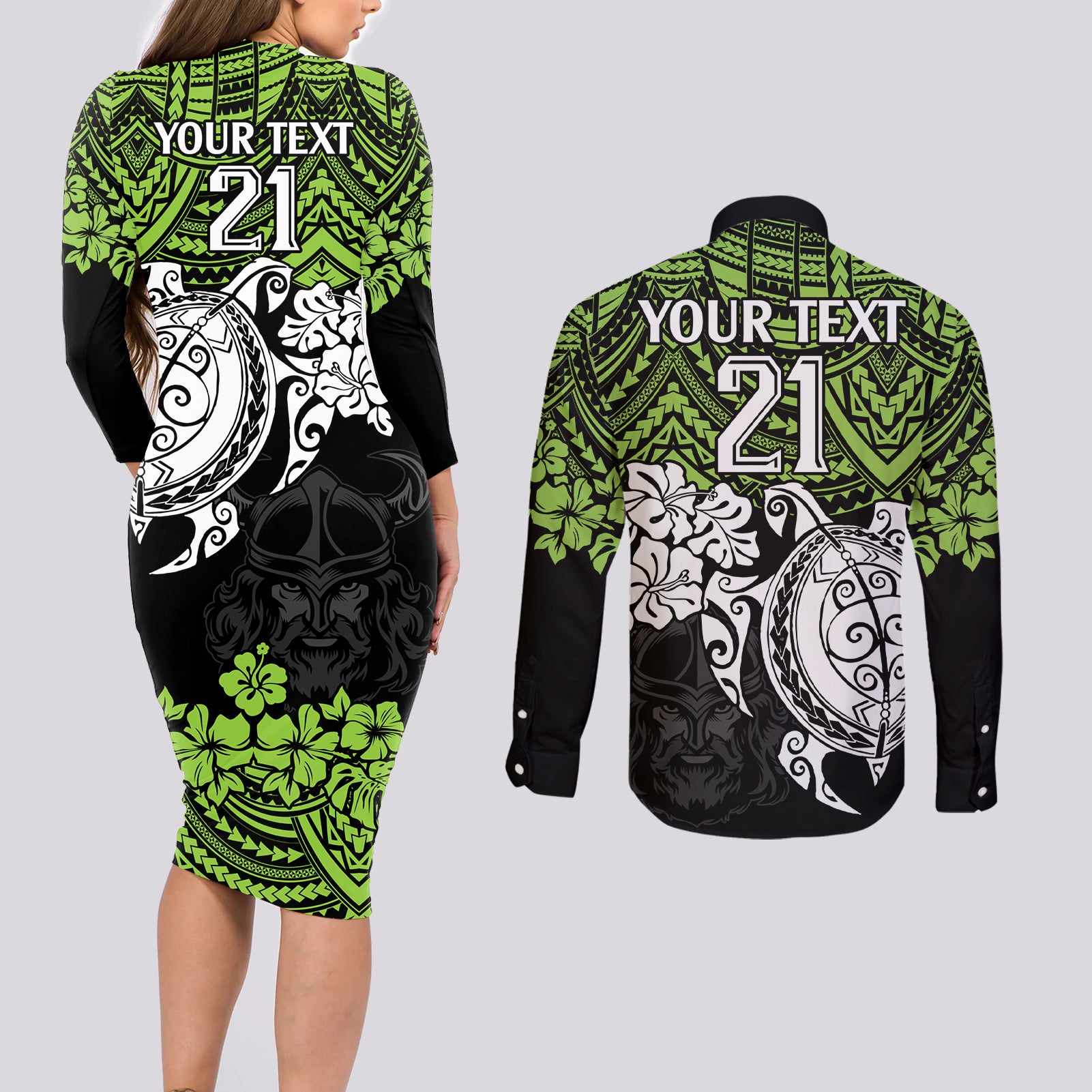 custom-raiders-rugby-couples-matching-long-sleeve-bodycon-dress-and-long-sleeve-button-shirt-canberra-hibiscus-and-turtle-with-polynesian-pattern
