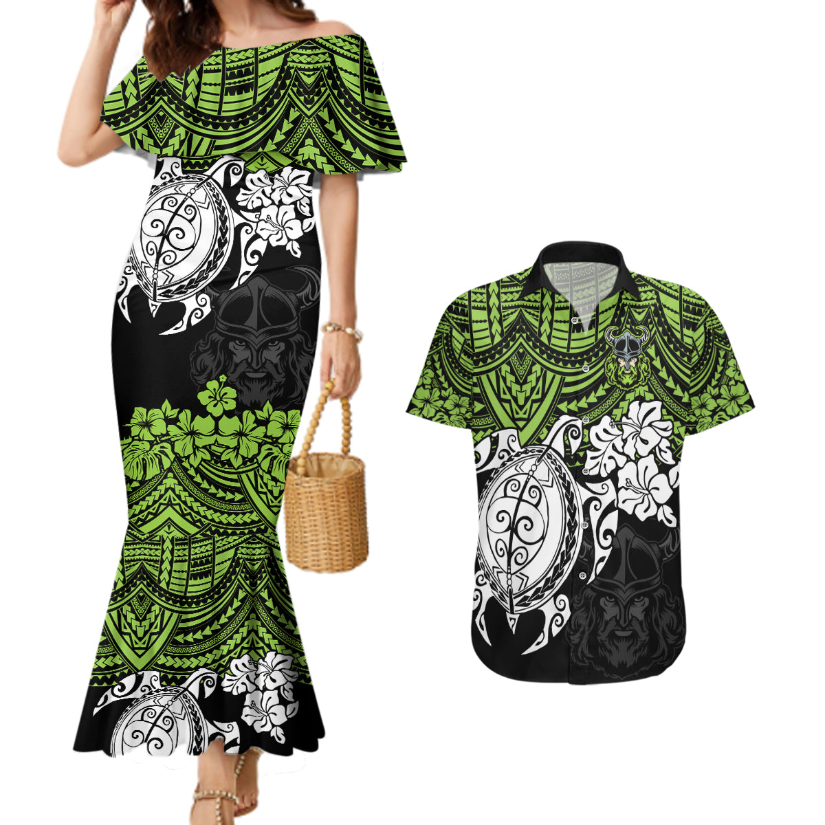 custom-raiders-rugby-couples-matching-mermaid-dress-and-hawaiian-shirt-canberra-hibiscus-and-turtle-with-polynesian-pattern