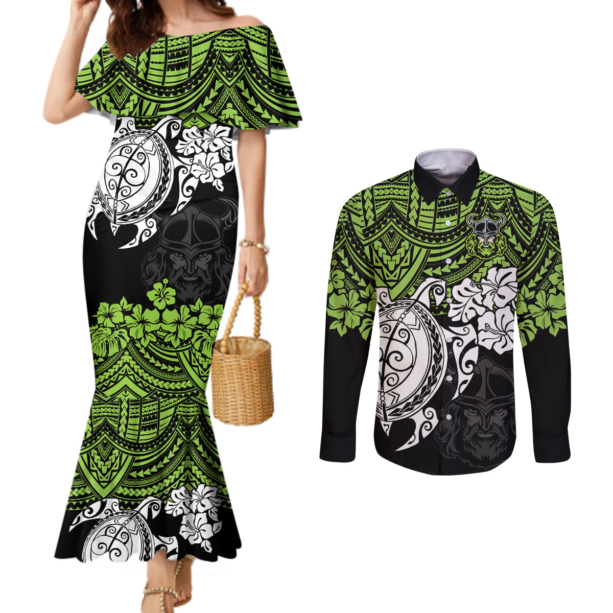 custom-raiders-rugby-couples-matching-mermaid-dress-and-long-sleeve-button-shirt-canberra-hibiscus-and-turtle-with-polynesian-pattern
