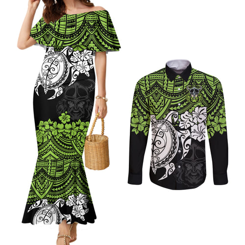 custom-raiders-rugby-couples-matching-mermaid-dress-and-long-sleeve-button-shirt-canberra-hibiscus-and-turtle-with-polynesian-pattern