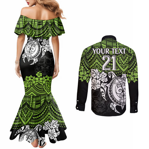 custom-raiders-rugby-couples-matching-mermaid-dress-and-long-sleeve-button-shirt-canberra-hibiscus-and-turtle-with-polynesian-pattern