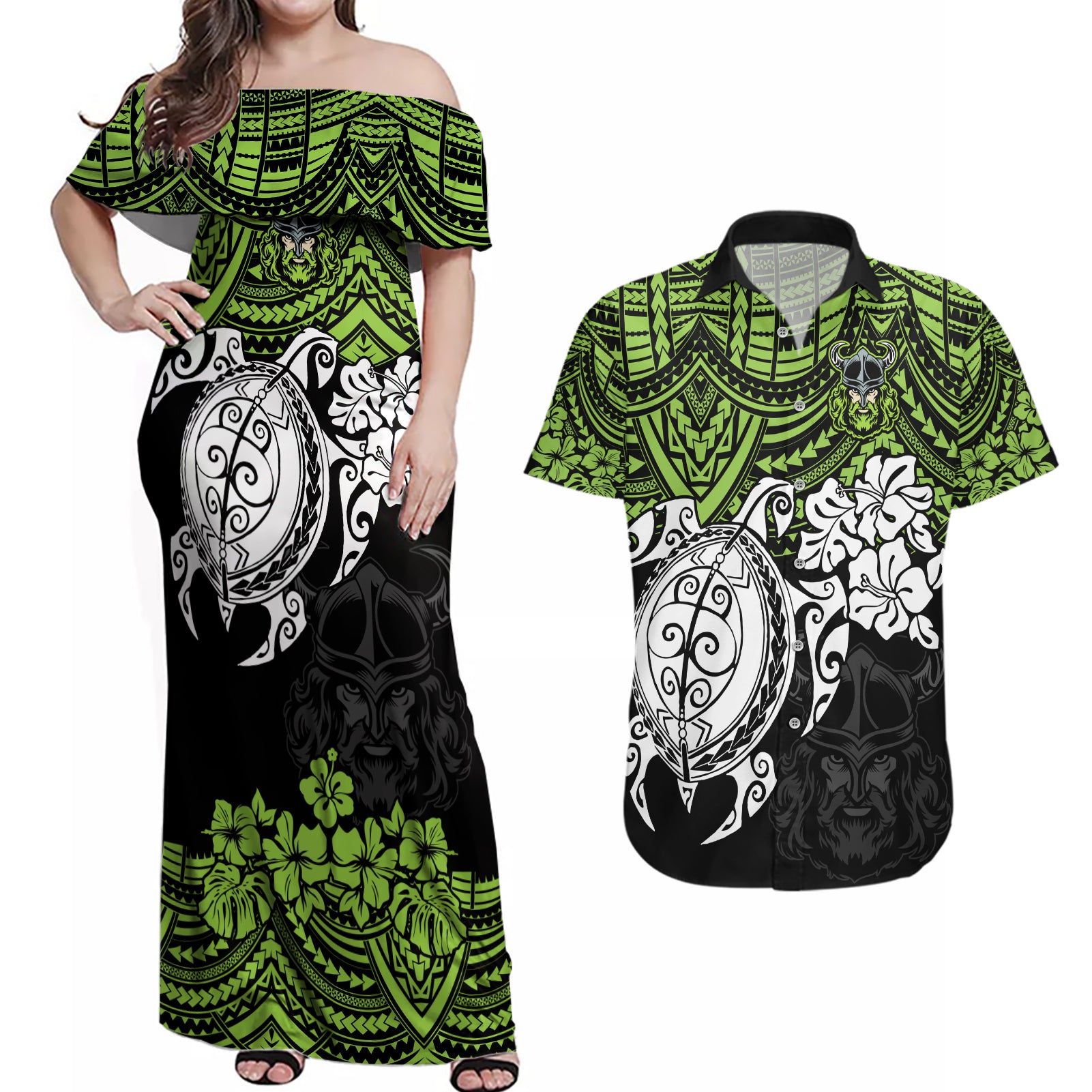 custom-raiders-rugby-couples-matching-off-shoulder-maxi-dress-and-hawaiian-shirt-canberra-hibiscus-and-turtle-with-polynesian-pattern