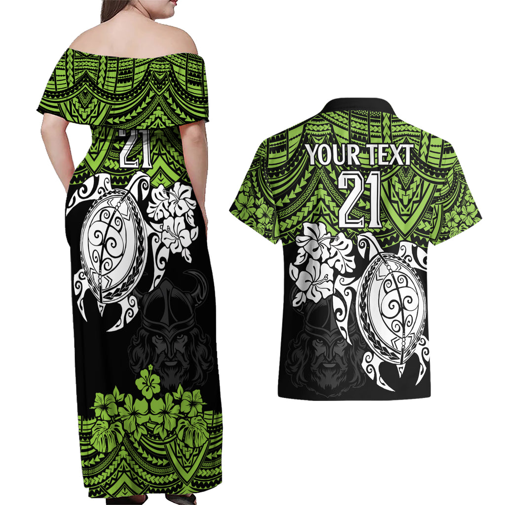 custom-raiders-rugby-couples-matching-off-shoulder-maxi-dress-and-hawaiian-shirt-canberra-hibiscus-and-turtle-with-polynesian-pattern