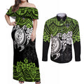 custom-raiders-rugby-couples-matching-off-shoulder-maxi-dress-and-long-sleeve-button-shirt-canberra-hibiscus-and-turtle-with-polynesian-pattern