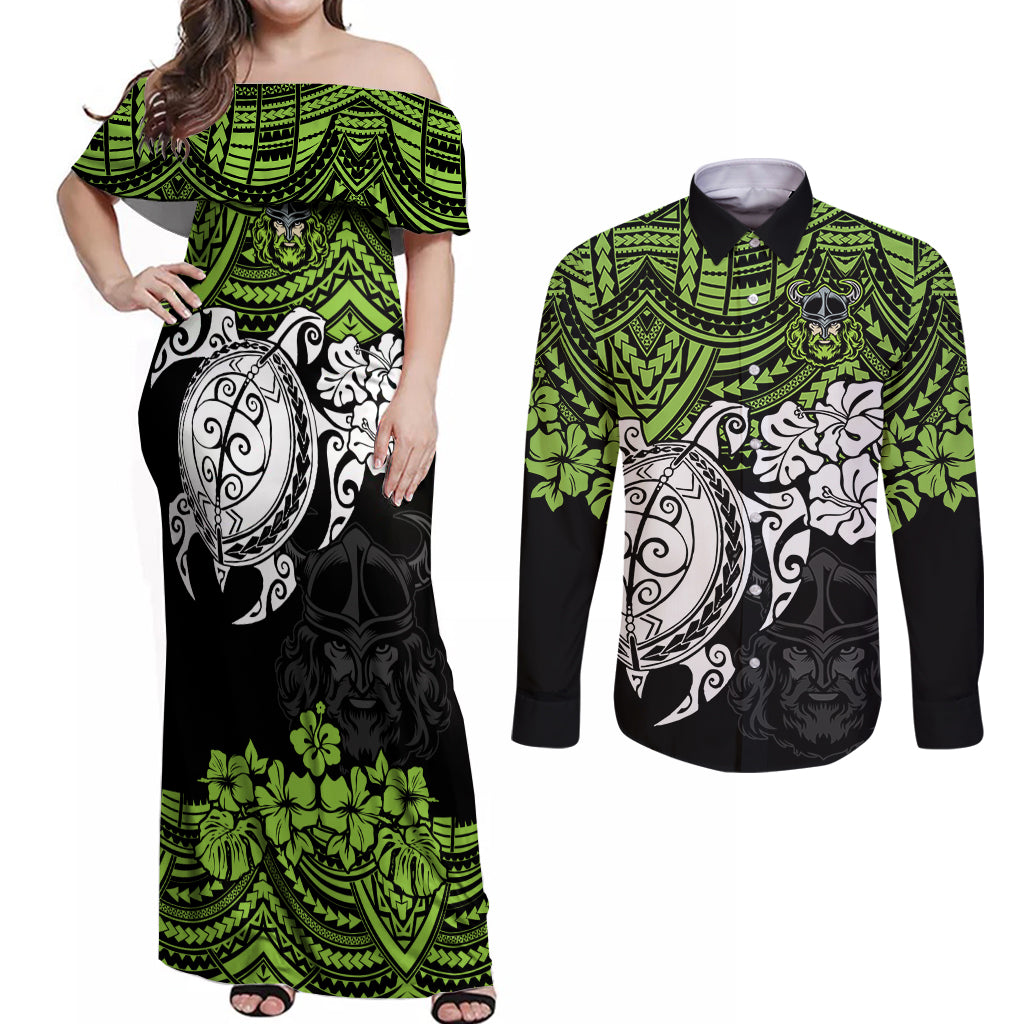 custom-raiders-rugby-couples-matching-off-shoulder-maxi-dress-and-long-sleeve-button-shirt-canberra-hibiscus-and-turtle-with-polynesian-pattern