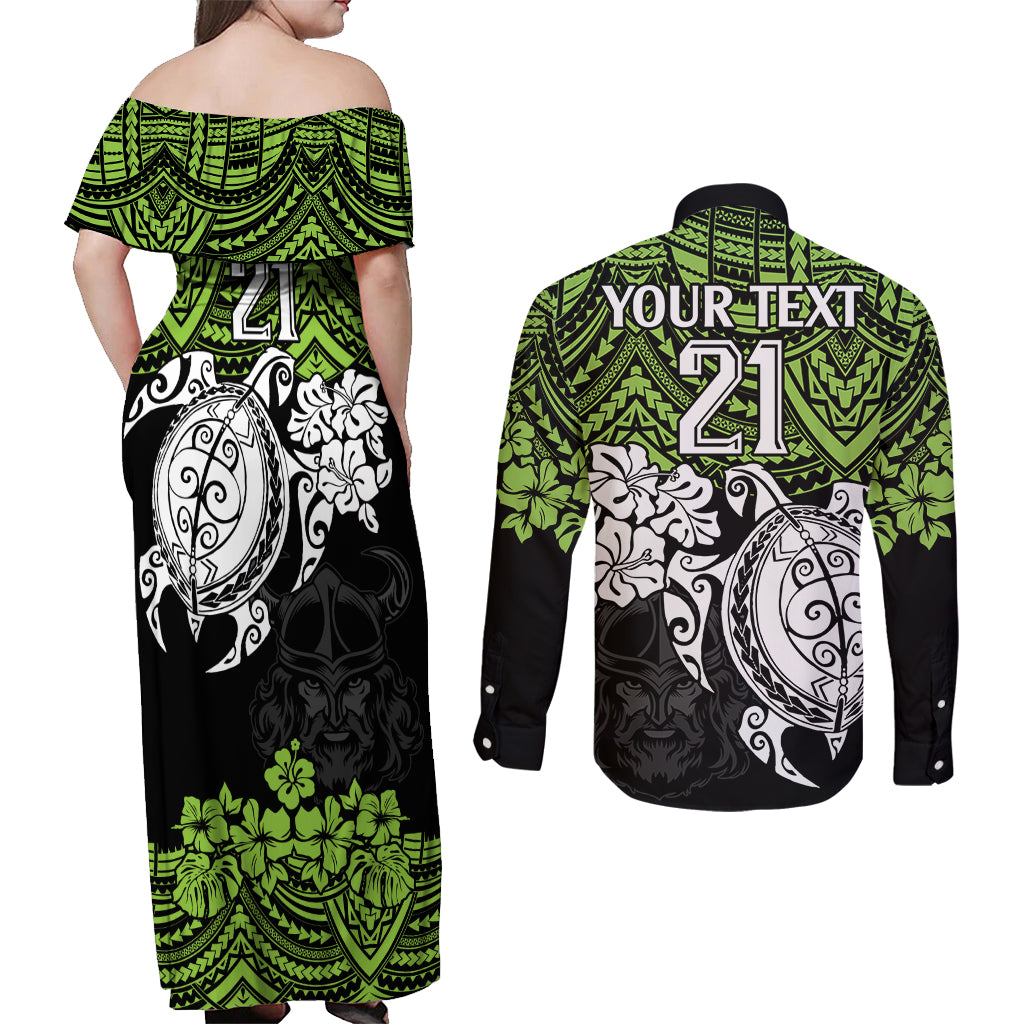 custom-raiders-rugby-couples-matching-off-shoulder-maxi-dress-and-long-sleeve-button-shirt-canberra-hibiscus-and-turtle-with-polynesian-pattern