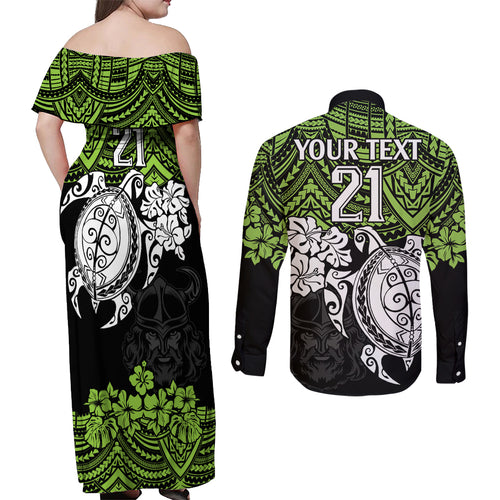 custom-raiders-rugby-couples-matching-off-shoulder-maxi-dress-and-long-sleeve-button-shirt-canberra-hibiscus-and-turtle-with-polynesian-pattern