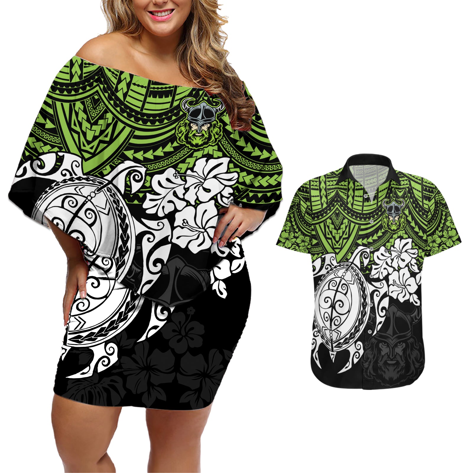 custom-raiders-rugby-couples-matching-off-shoulder-short-dress-and-hawaiian-shirt-canberra-hibiscus-and-turtle-with-polynesian-pattern