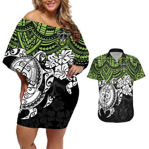 custom-raiders-rugby-couples-matching-off-shoulder-short-dress-and-hawaiian-shirt-canberra-hibiscus-and-turtle-with-polynesian-pattern