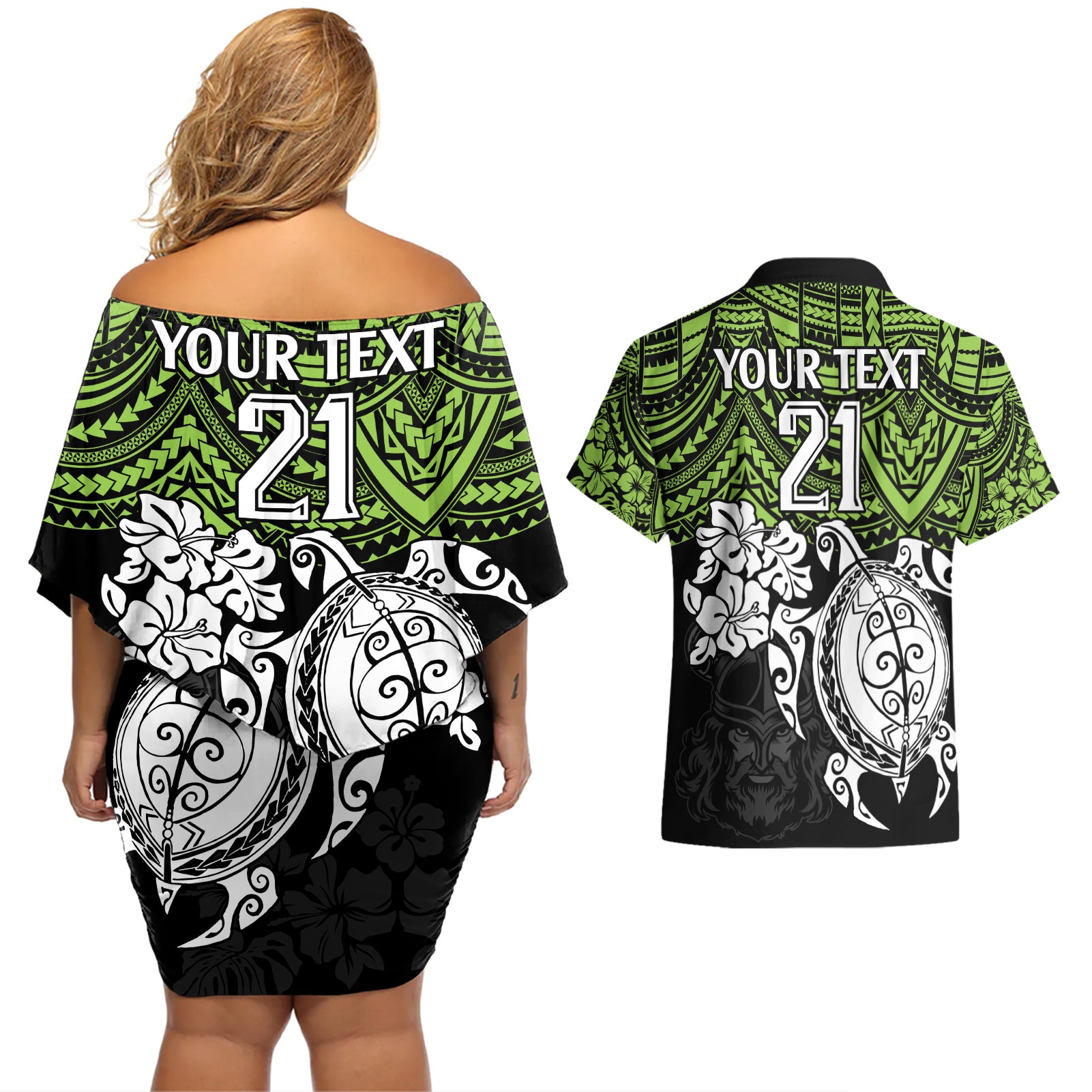 custom-raiders-rugby-couples-matching-off-shoulder-short-dress-and-hawaiian-shirt-canberra-hibiscus-and-turtle-with-polynesian-pattern