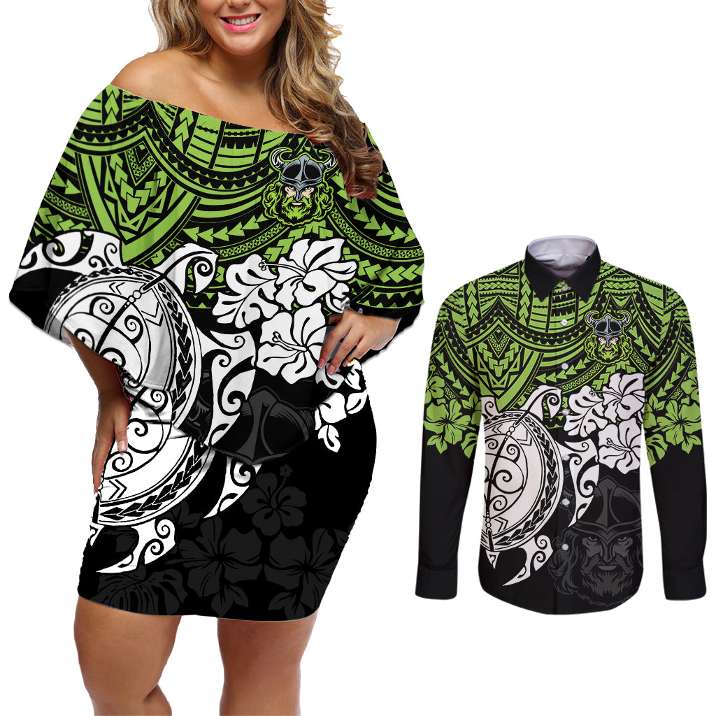 custom-raiders-rugby-couples-matching-off-shoulder-short-dress-and-long-sleeve-button-shirt-canberra-hibiscus-and-turtle-with-polynesian-pattern