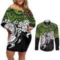 custom-raiders-rugby-couples-matching-off-shoulder-short-dress-and-long-sleeve-button-shirt-canberra-hibiscus-and-turtle-with-polynesian-pattern