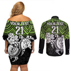 custom-raiders-rugby-couples-matching-off-shoulder-short-dress-and-long-sleeve-button-shirt-canberra-hibiscus-and-turtle-with-polynesian-pattern