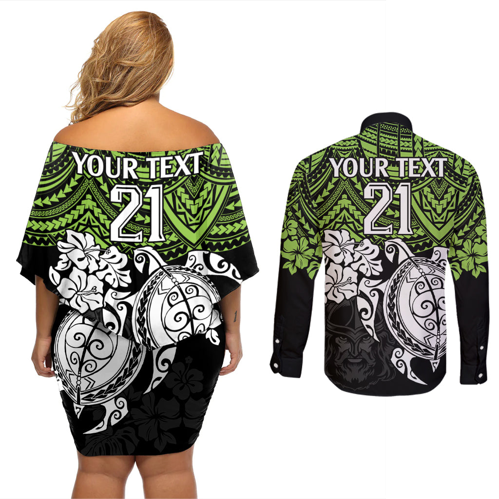 custom-raiders-rugby-couples-matching-off-shoulder-short-dress-and-long-sleeve-button-shirt-canberra-hibiscus-and-turtle-with-polynesian-pattern