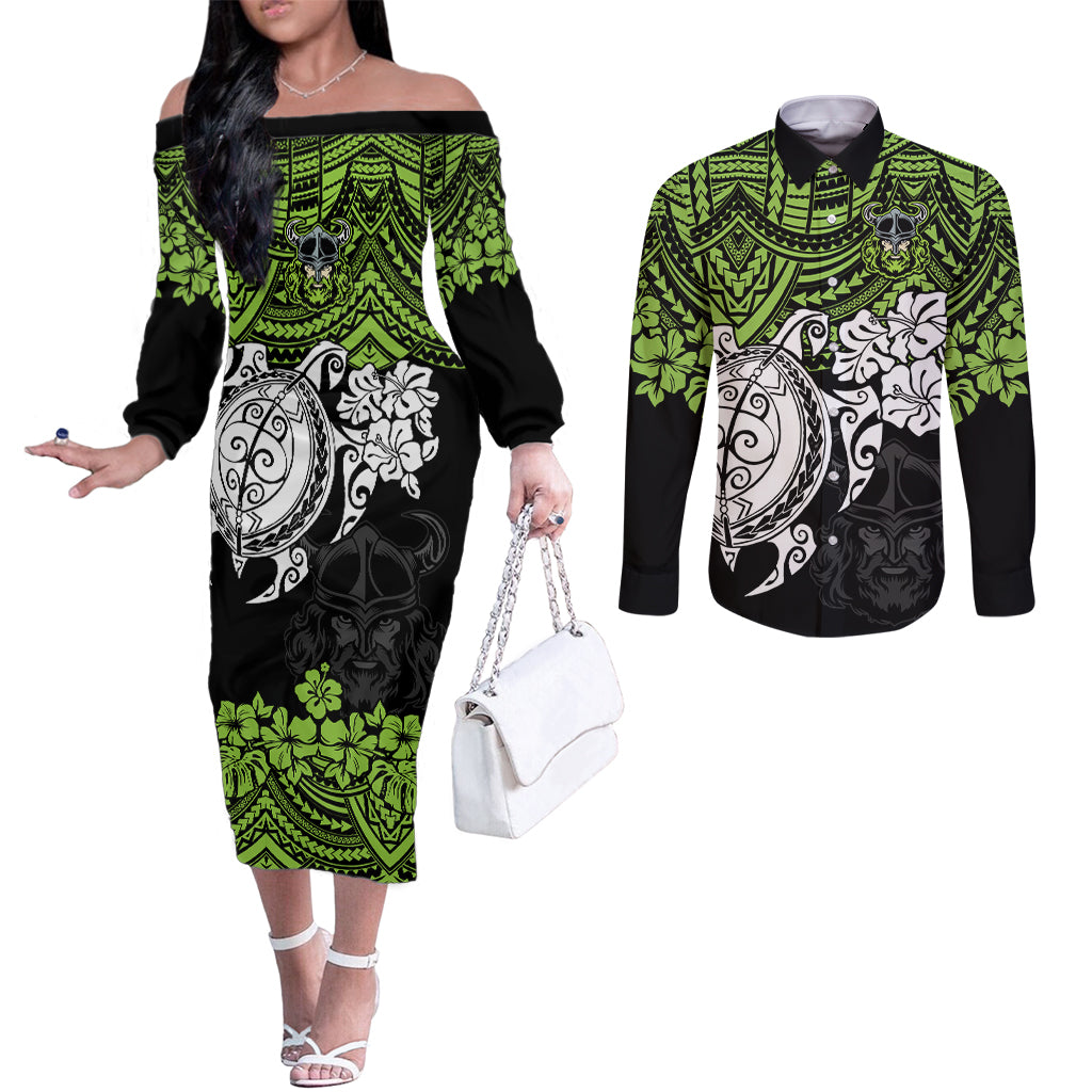 custom-raiders-rugby-couples-matching-off-the-shoulder-long-sleeve-dress-and-long-sleeve-button-shirt-canberra-hibiscus-and-turtle-with-polynesian-pattern