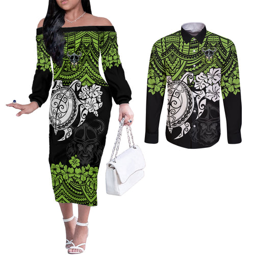 custom-raiders-rugby-couples-matching-off-the-shoulder-long-sleeve-dress-and-long-sleeve-button-shirt-canberra-hibiscus-and-turtle-with-polynesian-pattern