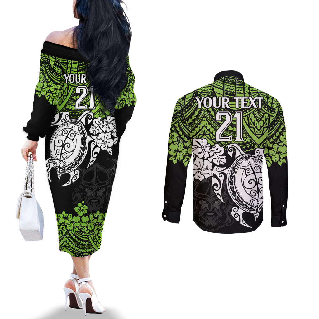 custom-raiders-rugby-couples-matching-off-the-shoulder-long-sleeve-dress-and-long-sleeve-button-shirt-canberra-hibiscus-and-turtle-with-polynesian-pattern