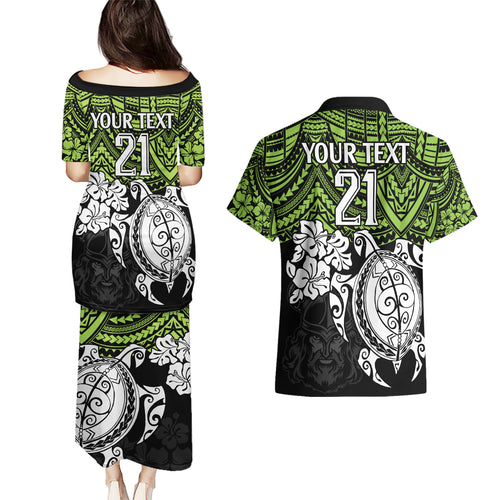 custom-raiders-rugby-couples-matching-puletasi-dress-and-hawaiian-shirt-canberra-hibiscus-and-turtle-with-polynesian-pattern