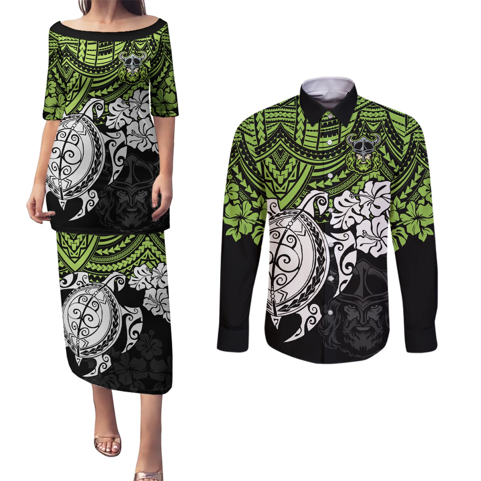 custom-raiders-rugby-couples-matching-puletasi-dress-and-long-sleeve-button-shirt-canberra-hibiscus-and-turtle-with-polynesian-pattern