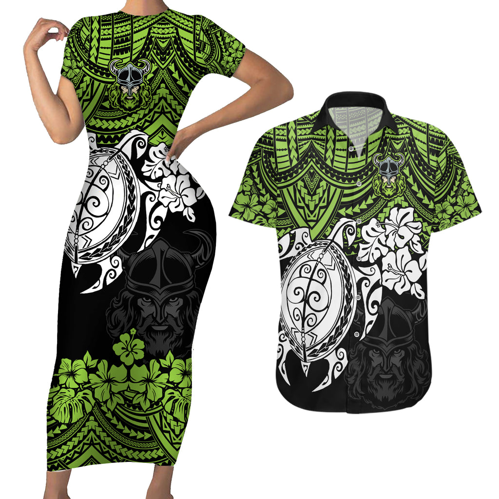 custom-raiders-rugby-couples-matching-short-sleeve-bodycon-dress-and-hawaiian-shirt-canberra-hibiscus-and-turtle-with-polynesian-pattern