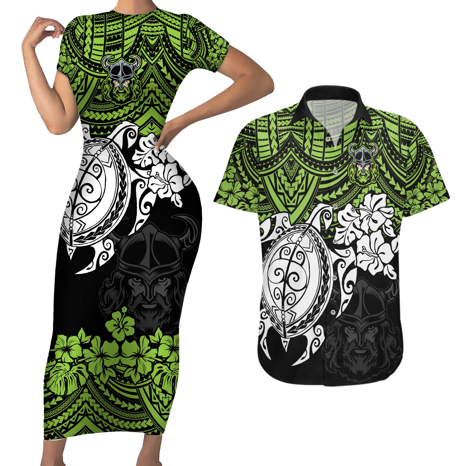 custom-raiders-rugby-couples-matching-short-sleeve-bodycon-dress-and-hawaiian-shirt-canberra-hibiscus-and-turtle-with-polynesian-pattern