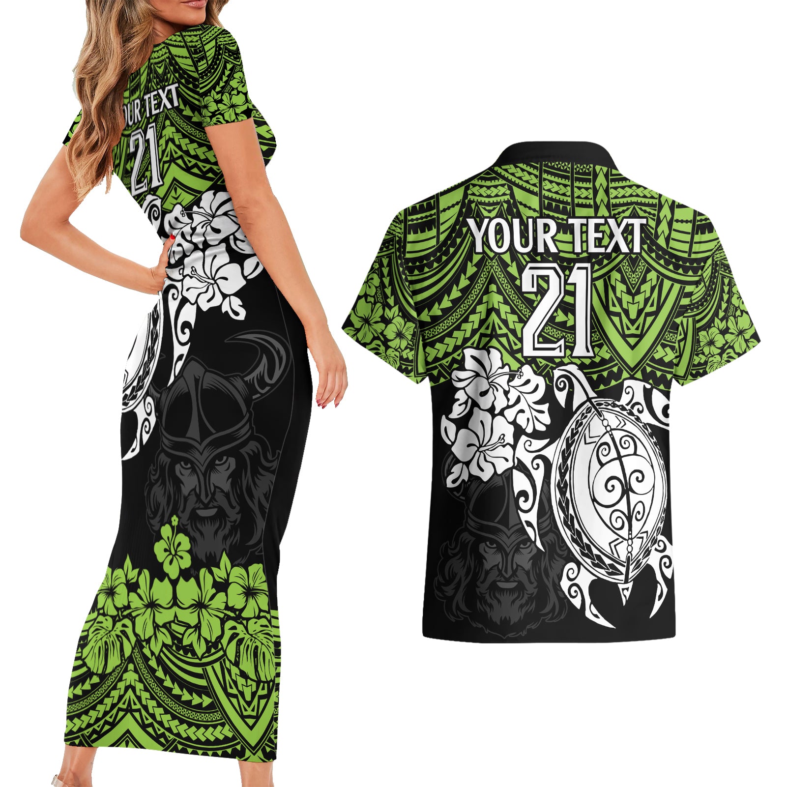 custom-raiders-rugby-couples-matching-short-sleeve-bodycon-dress-and-hawaiian-shirt-canberra-hibiscus-and-turtle-with-polynesian-pattern