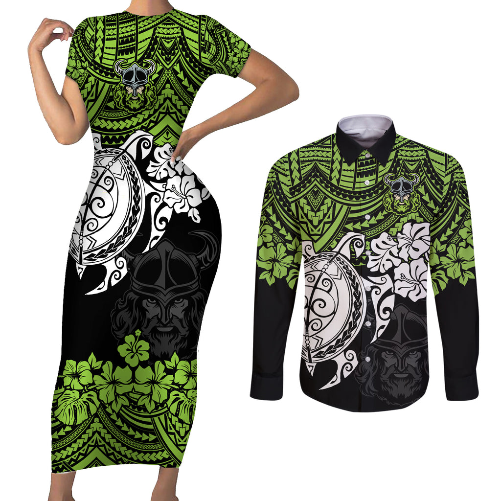 custom-raiders-rugby-couples-matching-short-sleeve-bodycon-dress-and-long-sleeve-button-shirt-canberra-hibiscus-and-turtle-with-polynesian-pattern