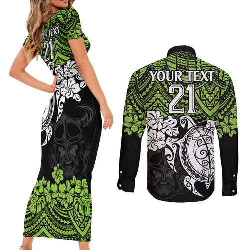custom-raiders-rugby-couples-matching-short-sleeve-bodycon-dress-and-long-sleeve-button-shirt-canberra-hibiscus-and-turtle-with-polynesian-pattern