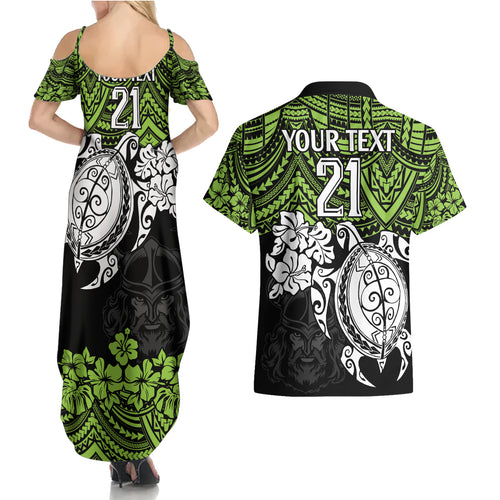 custom-raiders-rugby-couples-matching-summer-maxi-dress-and-hawaiian-shirt-canberra-hibiscus-and-turtle-with-polynesian-pattern