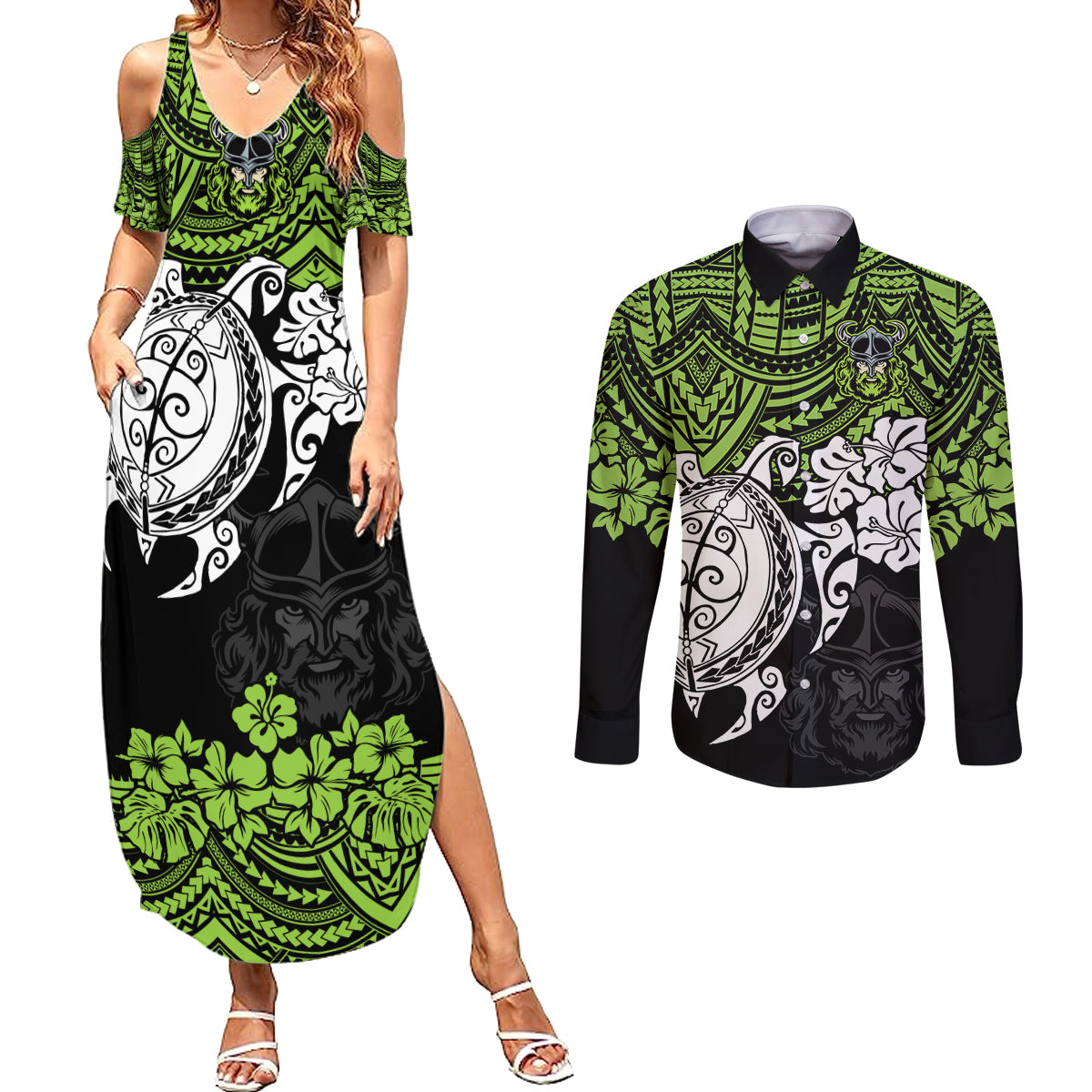 custom-raiders-rugby-couples-matching-summer-maxi-dress-and-long-sleeve-button-shirt-canberra-hibiscus-and-turtle-with-polynesian-pattern
