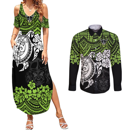 custom-raiders-rugby-couples-matching-summer-maxi-dress-and-long-sleeve-button-shirt-canberra-hibiscus-and-turtle-with-polynesian-pattern