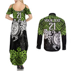 custom-raiders-rugby-couples-matching-summer-maxi-dress-and-long-sleeve-button-shirt-canberra-hibiscus-and-turtle-with-polynesian-pattern