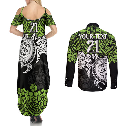 custom-raiders-rugby-couples-matching-summer-maxi-dress-and-long-sleeve-button-shirt-canberra-hibiscus-and-turtle-with-polynesian-pattern