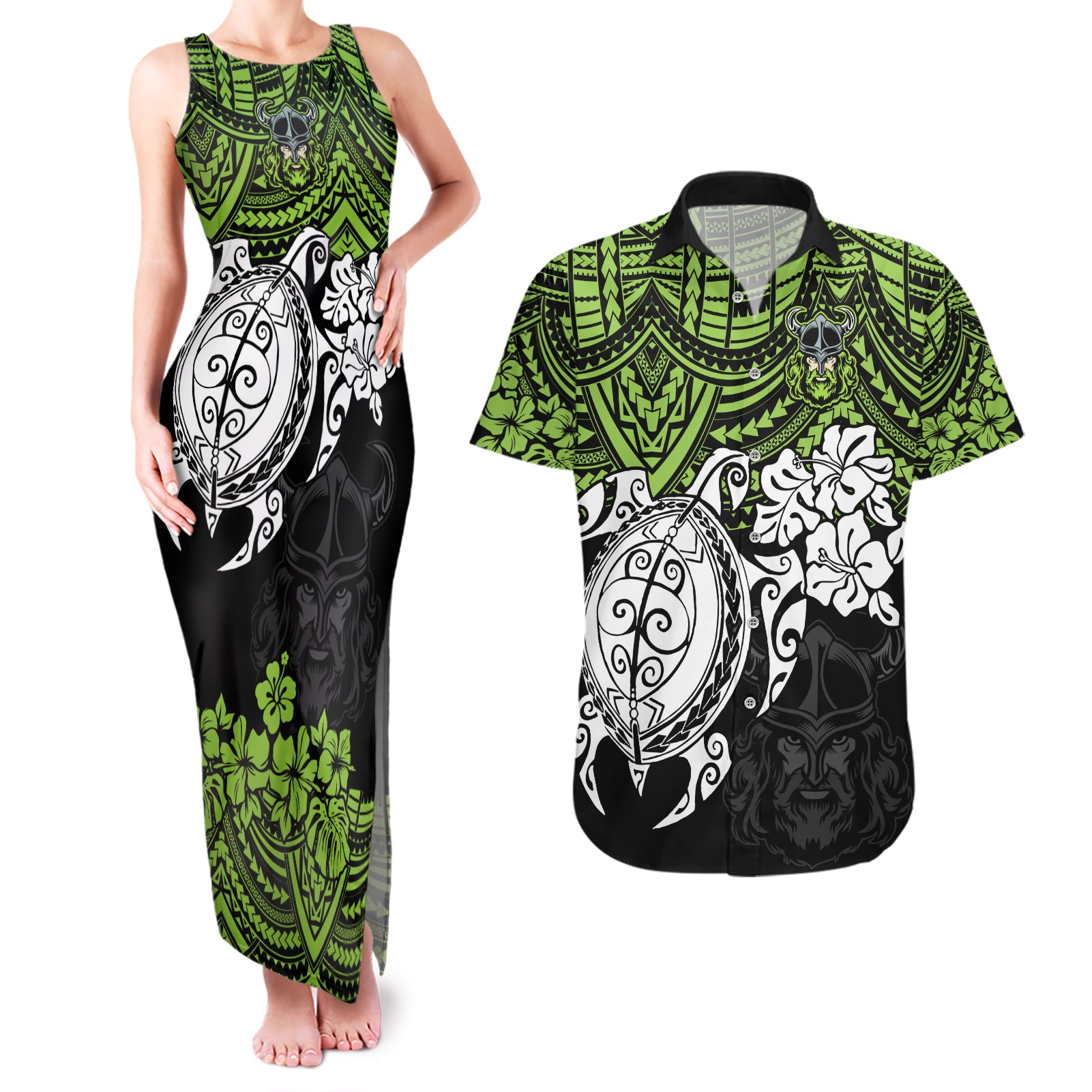 custom-raiders-rugby-couples-matching-tank-maxi-dress-and-hawaiian-shirt-canberra-hibiscus-and-turtle-with-polynesian-pattern