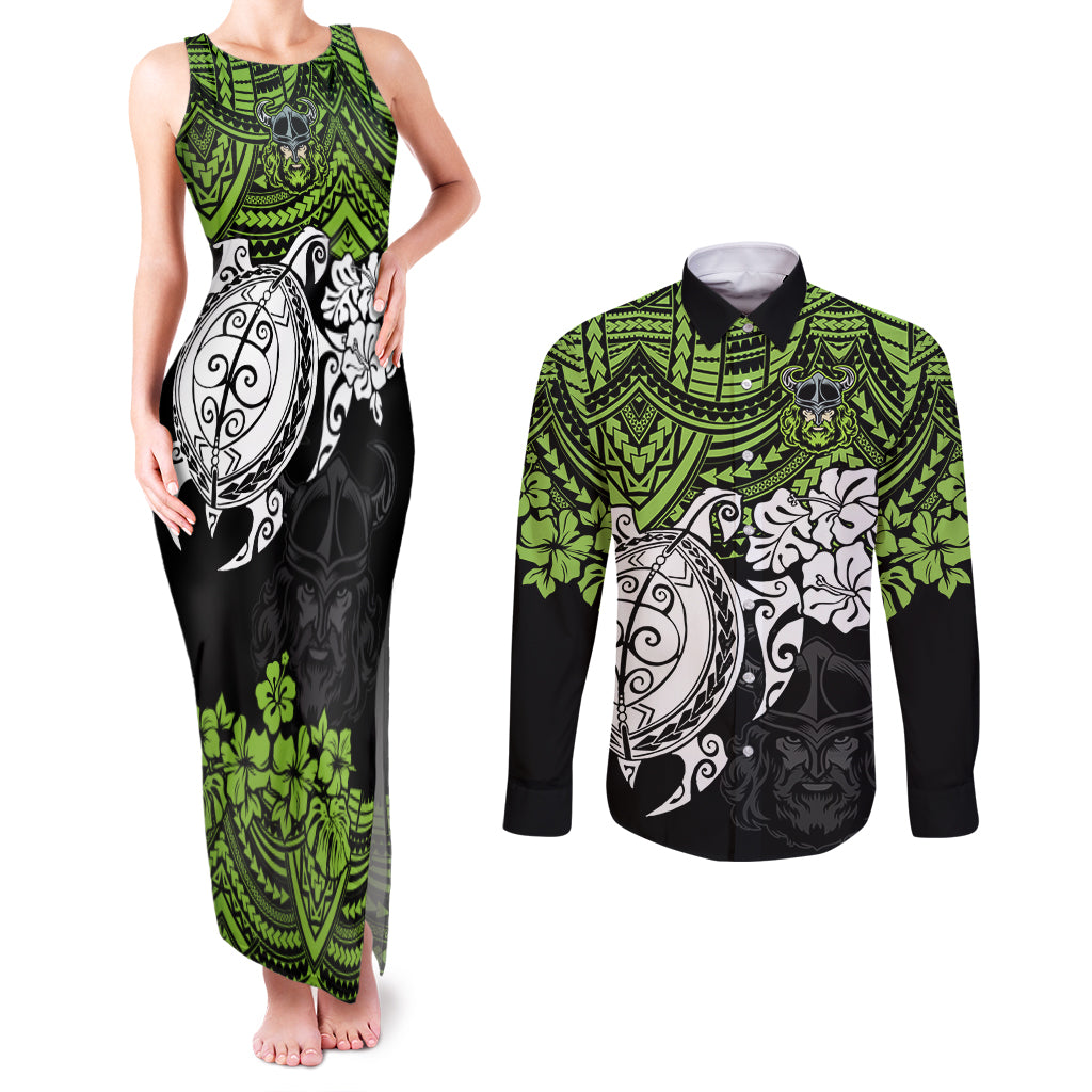 custom-raiders-rugby-couples-matching-tank-maxi-dress-and-long-sleeve-button-shirt-canberra-hibiscus-and-turtle-with-polynesian-pattern