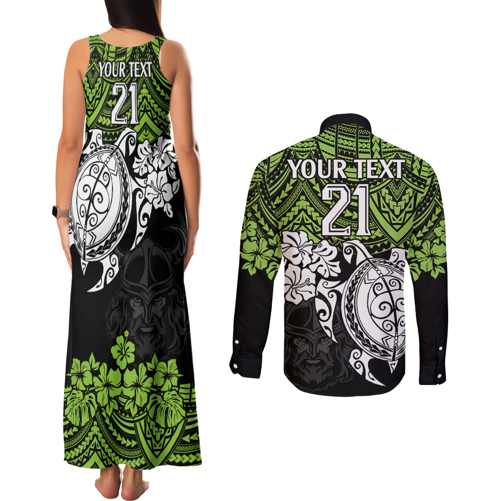 custom-raiders-rugby-couples-matching-tank-maxi-dress-and-long-sleeve-button-shirt-canberra-hibiscus-and-turtle-with-polynesian-pattern