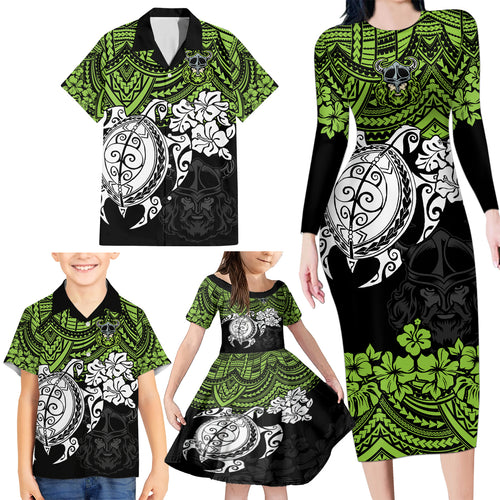 custom-raiders-rugby-family-matching-long-sleeve-bodycon-dress-and-hawaiian-shirt-canberra-hibiscus-and-turtle-with-polynesian-pattern