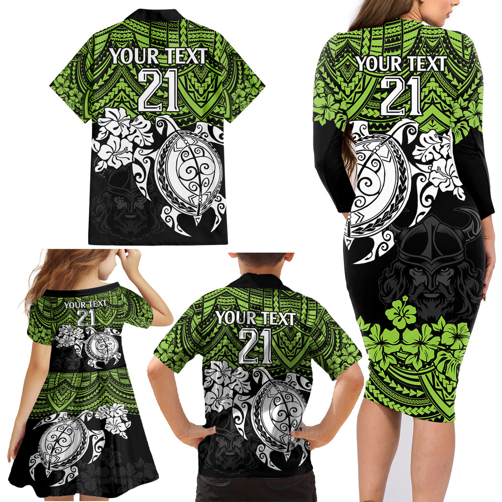 custom-raiders-rugby-family-matching-long-sleeve-bodycon-dress-and-hawaiian-shirt-canberra-hibiscus-and-turtle-with-polynesian-pattern