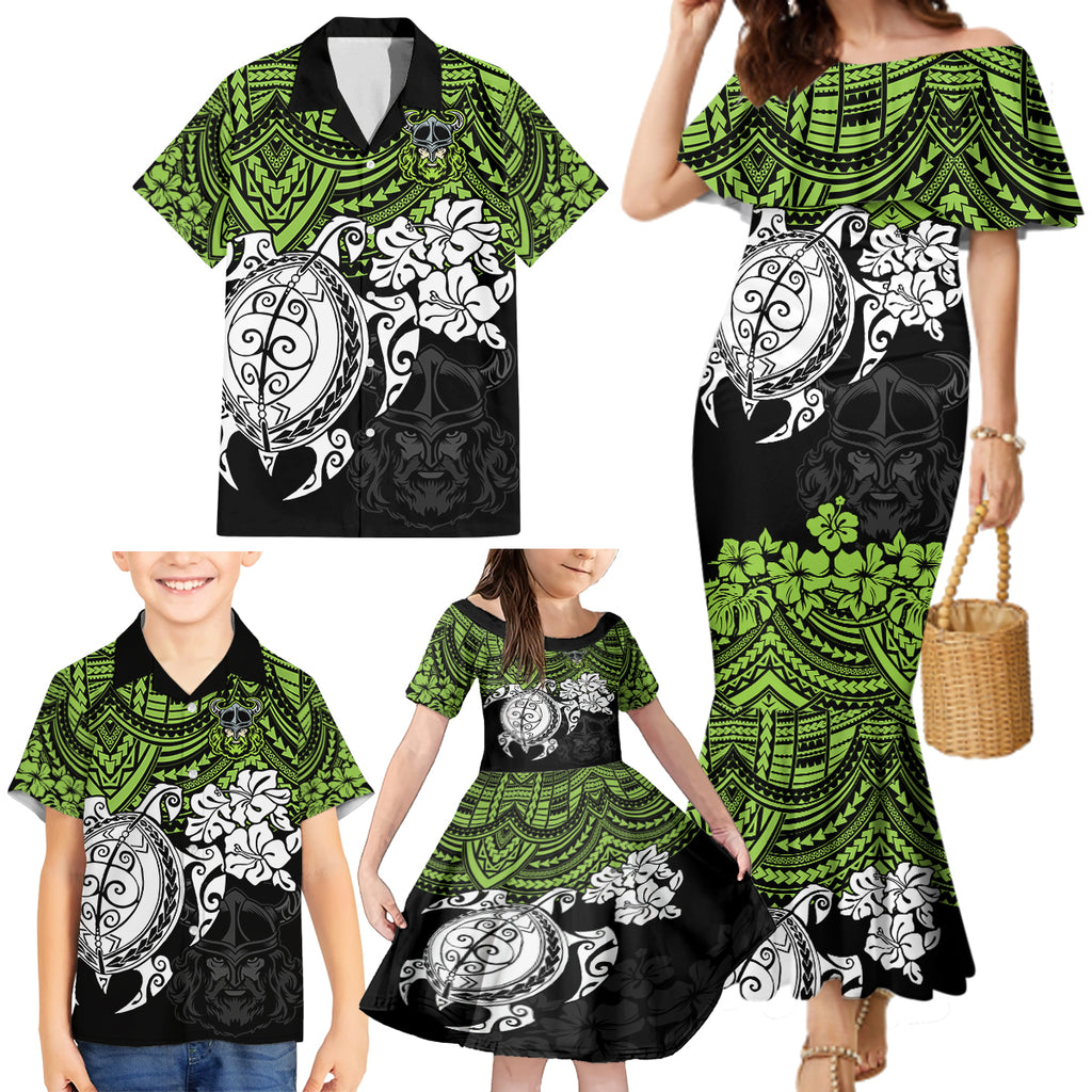 custom-raiders-rugby-family-matching-mermaid-dress-and-hawaiian-shirt-canberra-hibiscus-and-turtle-with-polynesian-pattern