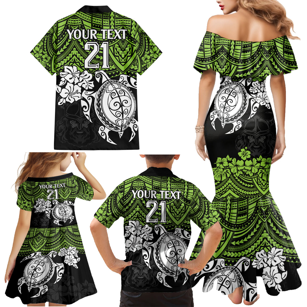 custom-raiders-rugby-family-matching-mermaid-dress-and-hawaiian-shirt-canberra-hibiscus-and-turtle-with-polynesian-pattern
