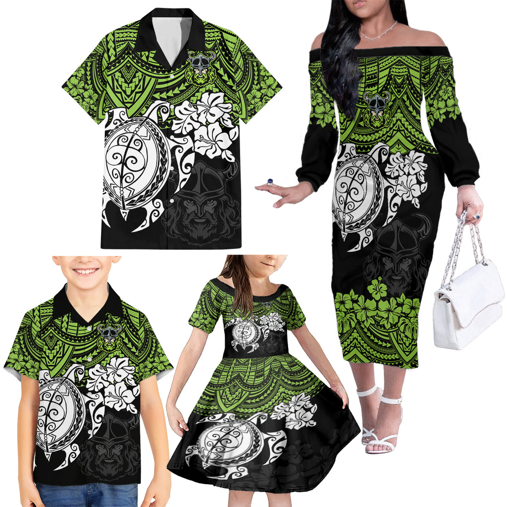 custom-raiders-rugby-family-matching-off-shoulder-long-sleeve-dress-and-hawaiian-shirt-canberra-hibiscus-and-turtle-with-polynesian-pattern